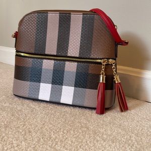 Baby pink brown red and white plaid bag